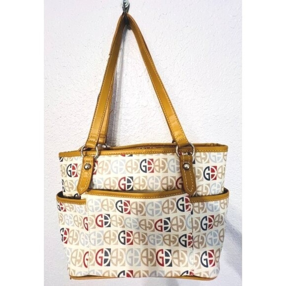 Giani Bernini Tote Beach Bag Large Multicolor Logo Print Pockets‎ Zip Purse
